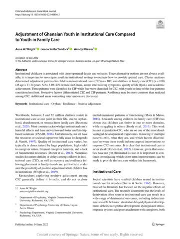 Adjustment of Ghanaian Youth in Institutional Care Compared to Youth in Family Care